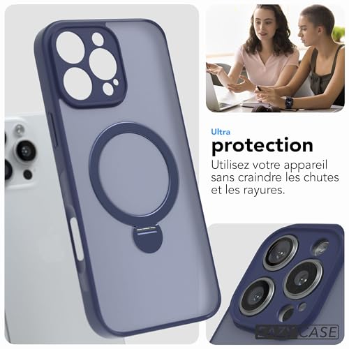 Coque iPhone 16 Pro Max antichoc avec protection Qi et anneau bleu nuit