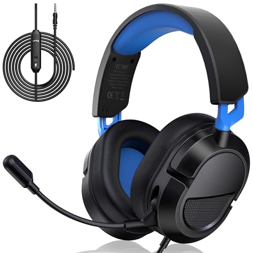 Gaming Headset with Mic for PS 5/5 Pro/4, Xbox Series X/S/One, PC, Smartphones、Nintendo Switch. Gaming Headphone Splitter 3.5mm - Removable Mic, 50mm Speakers. (Black-Blue)