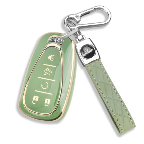 QBUC for Chevy Key Fob Cover with Leather Keychain Soft TPU Protection Case Compatible with 2016-2026 Chevy Malibu Blazer Traverse Equinox Trailblazer 5-Buttons(Gold Trim Green)