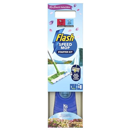 Flash Speedmop Mrs Hinch's Wet Mop Head Floor Cleaner Starter Kit For Cleaning Floors With Scrubbing Action, Includes: 1 Mop, 6 Wet Refills, Lemon Scent