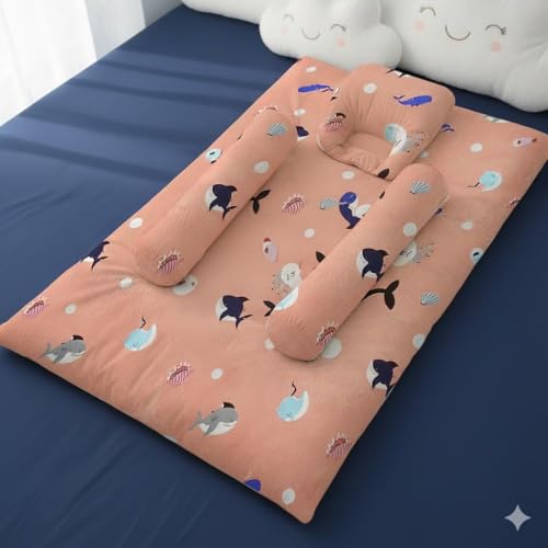 Image of StarAndDaisy Newborn Baby Bedding Nest 100% Cotton Cushioned Mattress Sheet with 2 Side Bolster Pillows & 1 Head Pillow Breathable & Soft Boys & Girl Design Shark Print