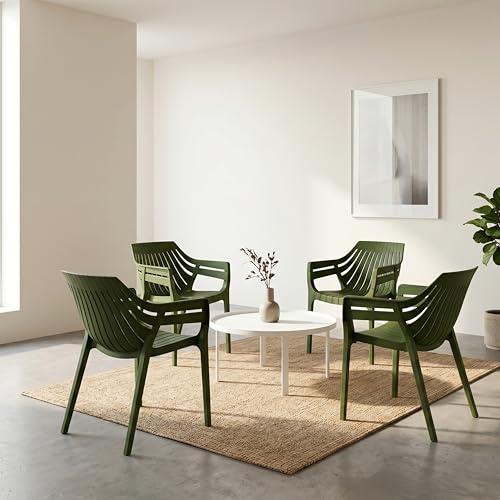 Image of OAKNEST Supreme Spectrum Plastic Arm Chair - Modern Slatted Stackable Chair for Living Room, Dining, Garden, Balcony, Restaurant & Cafe | Indoor Outdoor Designer Chair, Set of 4, Mehandi Green