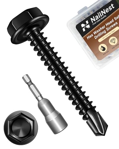 nailnest 100PCS #8 x 1-1/4" Self Drilling Screws, Black Self Tapping Screws for Metal, 410 Stainless Steel Hex Washer Head Sheet Metal Screw, Quick Tapping with 7mm Hex Socket