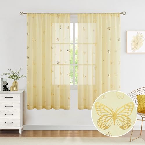 Jubilantex Yellow Butterfly Sheer Curtain Panels for Kids Nursery...