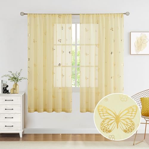 Jubilantex Yellow Butterfly Sheer Curtain Panels for Kids Nursery...