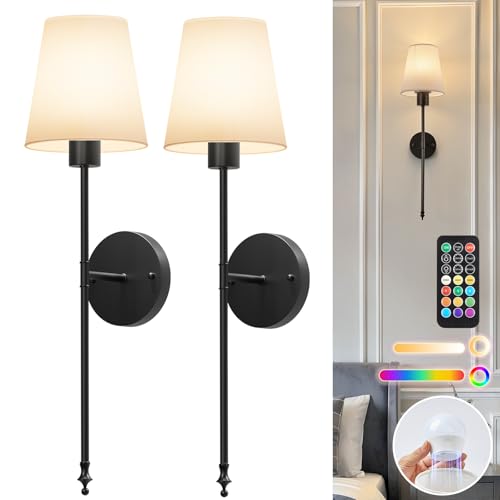 Image of Brightown Battery Operated Wall Sconces Set of 2,Black Sconces Wall Decor | RGBWW Rechargeable Wall Lights with Dimmable Magnetic Bulbs & Remote, Wireless Wall Lamp for Living Room Bedroom Hallway