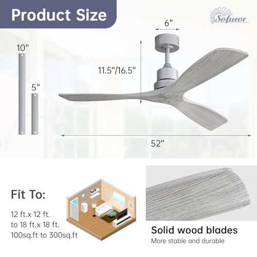 Image of Sofucor 52 Inch Modern Solid Wood Ceiling Fan No Light for Indoor Outdoor