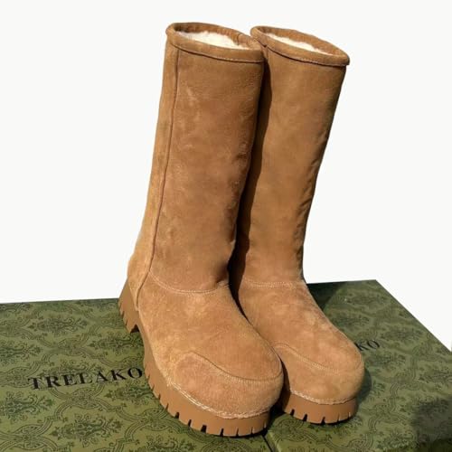 Platform Snow Boots for Women Suede Classic Fur Hippy Mid Calf Winter Boots Slip On High Boots Comfortable Chunky Trending Shoes Biege4