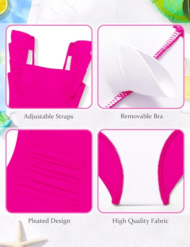 Image of NECIOUS Girls Swimsuit Ruffle Adjustable Straps One Piece Bathing Suit Solid Color Ruched Girls' Swimwear 9-16Y