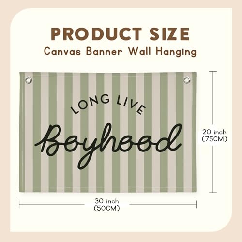 Image of Long Live Boyhood Linen Banner Hanging Vintage Sage Green Stripes Flag Banner for Nursery Playroom Wall Decor for Kids Bedroom Living Room Dorm Toddler Decorations Trendy Room 30x20 boyroom