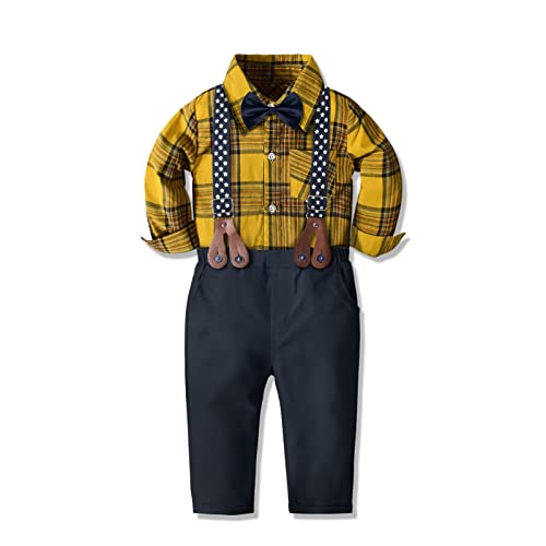 Yilaku Petits garçons ensembles de vêtements noeuds papillon chemises + bretelles pantalons enfant en bas âge garçon tenues de gentleman costumes vêtements de fête (Jaune, 3-4 ans) Cover