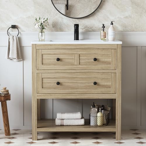 DELUXE LIVING 30 'Bathroom Vanity with Sink,Modern Bathroom Single Sink Vanity, Bathroom Storage Cabinet with Drawers& Storage Shelf, SMC Integral Sink, Light Oak