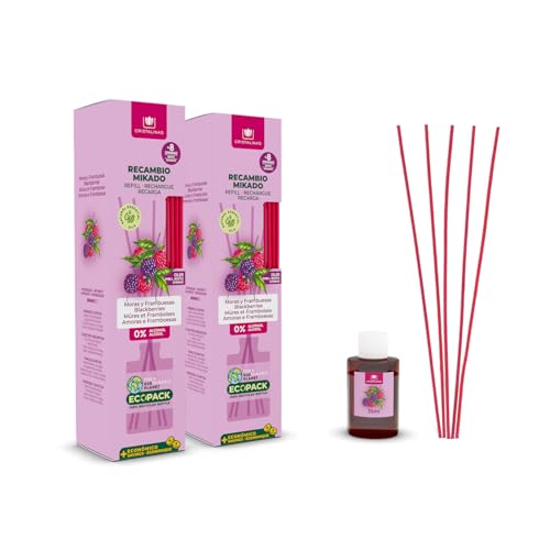 CRISTALINAS | Pack 2 Recambio + Cañas Ambientador Mikado | 100% Puro | Larga Duración 8 Semanas | 35ml | 0% Alcohol (2x35ml, Moras y Frambuesas)