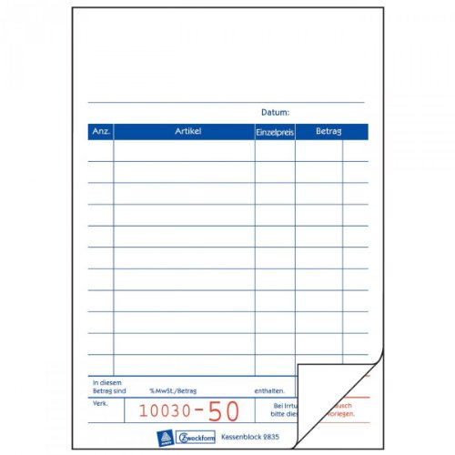 RNK 2952F Receipt pad, Two Toned, top Bound, 2 x 50 Sheets, Numbered, 96 x 167 mm