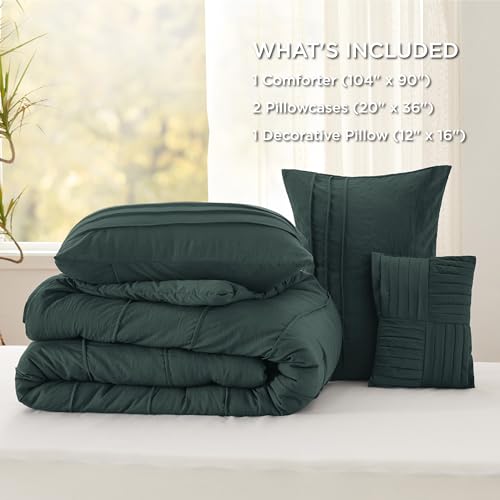 Image of Bedsure King Comforter Set - 4 Pieces Pinch Pleat Bed Set, Emerald Green Boho Bedding for All Season, 1 Soft Comforter, 2 Pillowcases, 1 Decorative Pillow