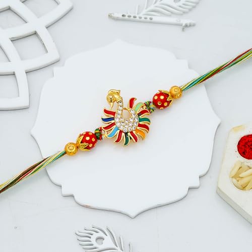 Image of eCraftIndia Set of 7 Rakhi Combo Hamper | Multicolor Om Ganesha Swastik Rudraksha Pearls Religious Designer Rakhis | Roli Chawal Pack
