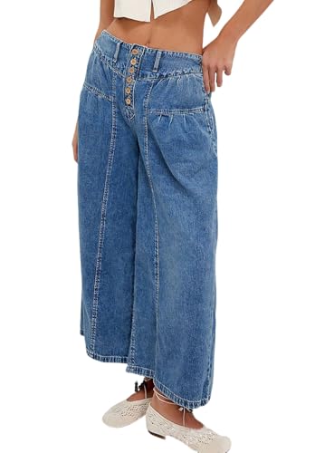 chouyatou Women's Boyfriend Baggy Jeans Flare Wide Leg Denim Pants Elastic Waist Button Pleated Culotte Jeans