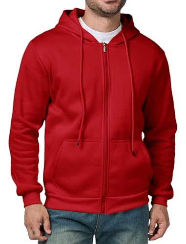 Asrlivp Mens Full Zip Hoodie Casual Long Sleeve Hooded Sweatshirt Fleece Drawstring Zip Up Jacket with Pockets(XL Red)