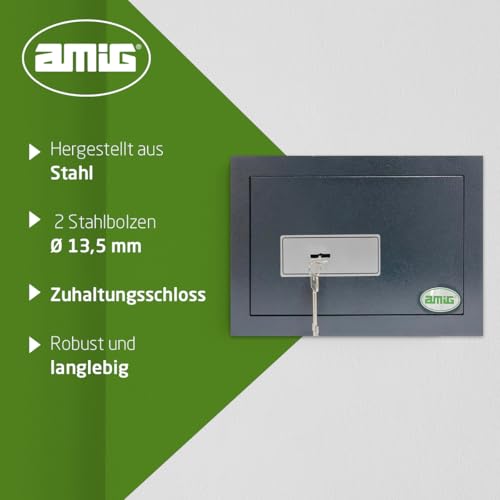 Amig - Einbautresor mit Chubbschloss | Stahlbolzen Ø 20 mm | Diskretes Design für Wandmontage | Mechanische Schlüssel für sicheren Zugang | Grau, 30x15x20 cm, Legierter Stahl