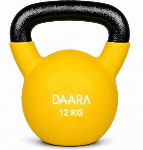 Image of DAARA Half Coating Neoprene Kettlebell, 12kg Yellow Cast Iron Kettle Bell with Non-Slip Grip Handle for Strength Training, Home Gym Workout Equipment for Men & Women (Proudly Made in India)