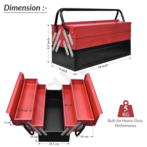 Image of Plantex Tool Box Empty /Sturdy Tools Storage Box With Large Capacity /Empty Tool Box /Tool Organizer for Carpenter, Garage, And Home Essential Tools - 5 Compartments - (Red & Black) - Metal