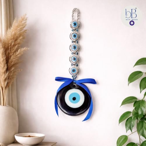 Image of Blue Beads Evil Eye Wall Hanging Amulet - Turkish Blue Nazar Protection Charm with Beads & Bow - Home Decor Talisman for Good Luck & Protection - Handmade Glass Ornament for Door, Office, Car or Gift