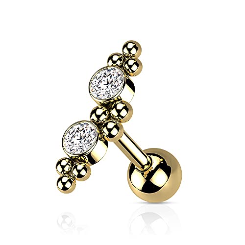 Pierced Owl 16GA 316L Surgical Steel 2 CZ Crystal and Ball Clusters Cartilage Barbell (Gold Tone/Clear)
