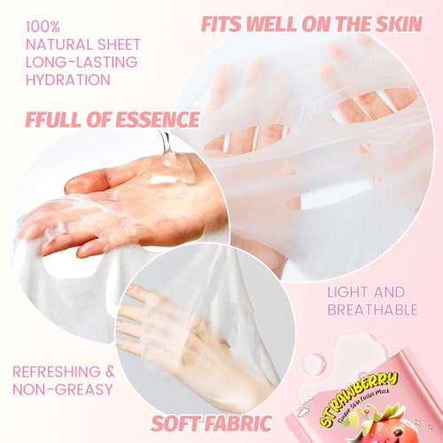AMY'S DIARY 8 PCS Real Hydrating Nature Face Masks Skincare, Hyaluronic Acid, Vitamin C and E, Chamomile, Korean Beauty Essence Facial Paper Sheet Mask for Skin Care Moisturizing (Strawberry) - Image 5