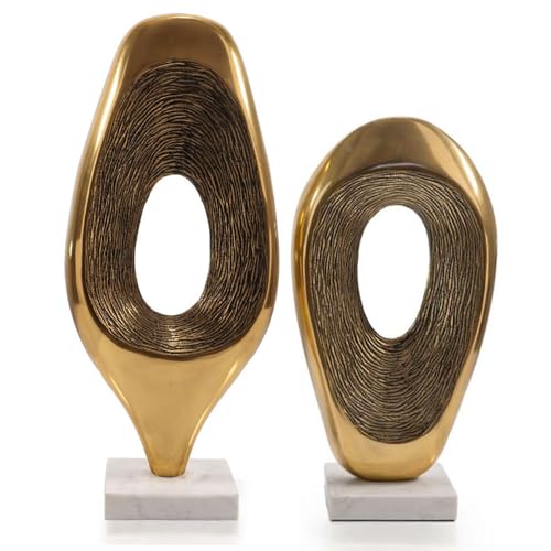 Escultura moderna ovalada dorada con base de mármol blanco miniatura 3