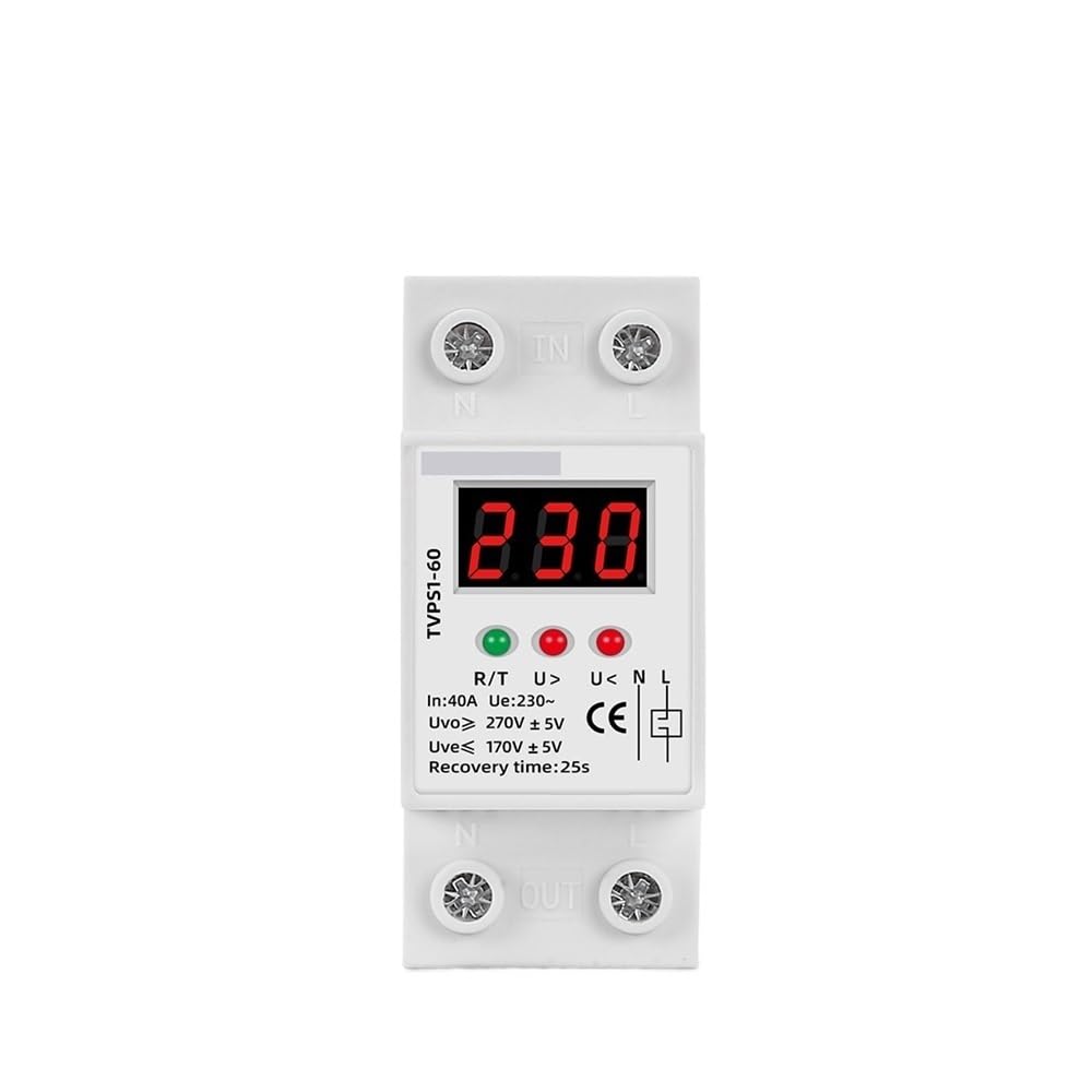 POWTAXBJGD 230V AC 40A 63A Din Rail Automatic Recovery Reconnect Over Under Voltage Protective Device Overvoltage Protector LED Display(63A)