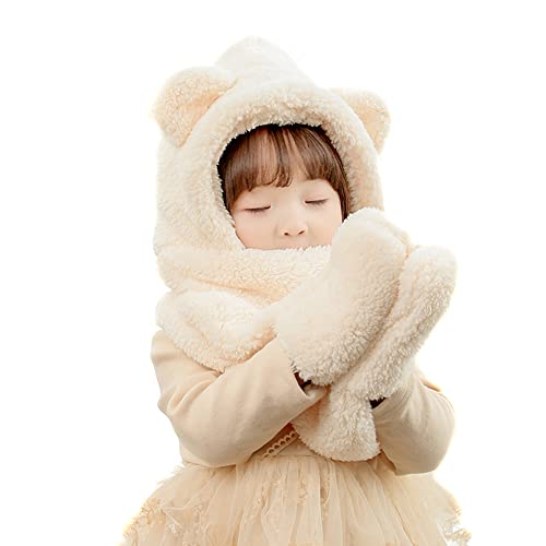 Winter Faux Fur Hood Hat Scarf and Gloves for Kids, 3 in 1 Lamb Wool Hooded Scarf for Girls and Boys 1-7 Years Old