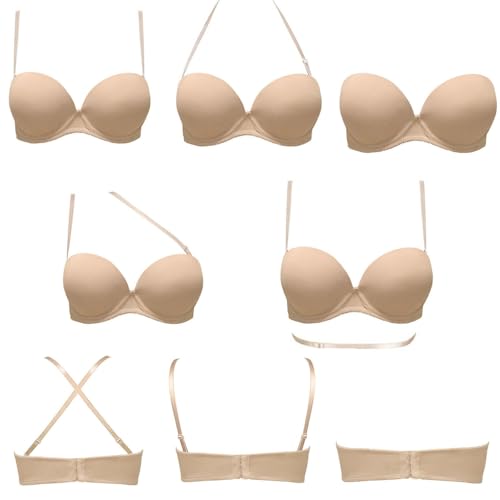 Plusexy Women's Push Up Strapless Bra Thick Padded Underwire Convertible Multiway Bras Nude 34B