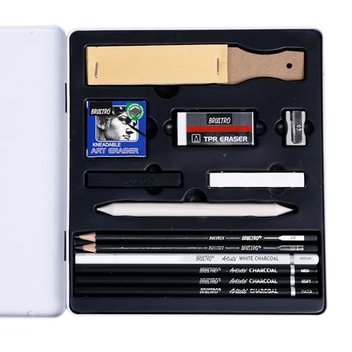 Image of BRUSTRO Black White Charcoal Drawing Set of 13 Pcs in a Metal Box| Ideal For Sketching, Shading, Blending, Illustration, Portraits, Landscape and Fine Arts