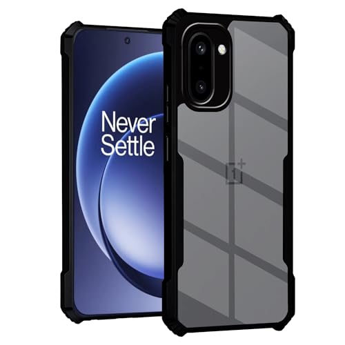 Image of Amazon Brand - Solimo Clear Back Cover Case for OnePlus 15R 5G | 360 Degree Protection | Transparent Back Cover Case for OnePlus 15R 5G (PC & TPU, Black Bumper)