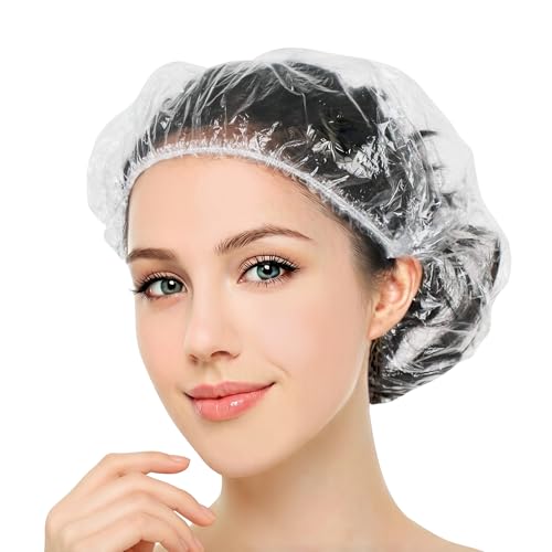 Jofuler 100 Pcs Disposable Shower Caps for Women & Men Plastic Shower Cap Waterproof & Durable Clear Large Plastic Hair Caps for Deep Conditioning Hair Treatment Travel Essentials Accessories