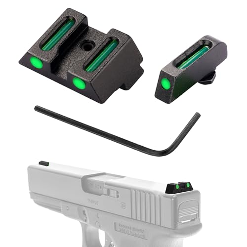 TFFUAM No-Tritium Fiber Optic Sights for Glock 17,17L,19,22,23,24,26,27,33,34,35,38 and 39 Aluminum Red Green Fiber Optic 3 Dot Front and Rear Sight Set for Glock Pistol Handgun (Green Dot)