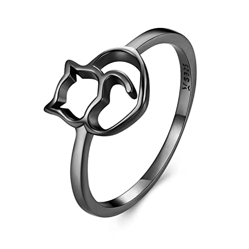 Wostu Gold Black Ring For Women 925 Sterling Silver Kitty Cat Ring Pet Dainty Ring Wrap Stacking Statement Rings Animal Ring For Cat Lover Women Girl #TOP2