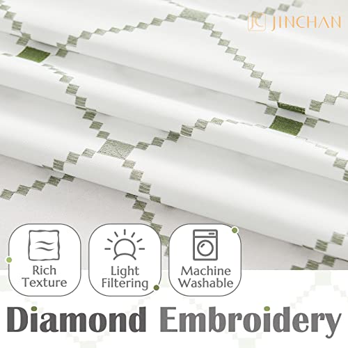 Jinchan Tie Up Valance Curtain With Diamond Embroidery 45 Inch Geometric Valance Rod Pocket Adjustable Tie-Up Shade Valance Window Treatments For Living Room Kitchen Light Filtering 1 Panel Green #TOP2