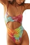 QINSEN Womens Scoop Neck Cutout Front Ruffle Back High Cut Monokini One Piece Swimsuit (L, Tie Dye Print)