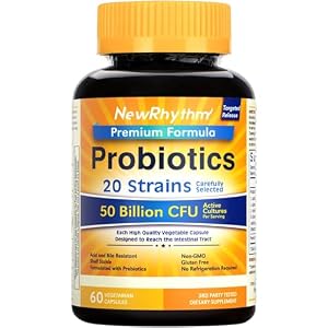 NewRhythm Probiotics 50 Billion CFU 20 Strains, 60 Veggie Capsules, Targeted Release Technology, Stomach Acid Resistant, No Need for Refrigeration, Non-GMO, Gluten Free
