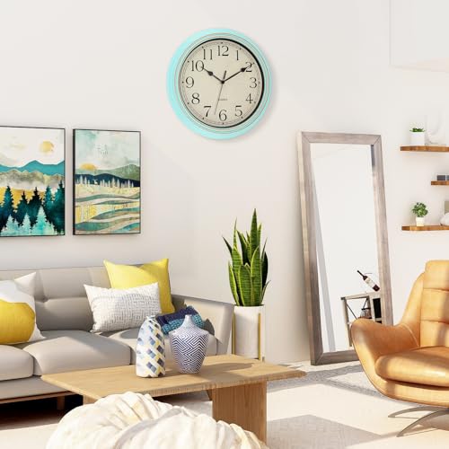 Image of Foxtop 14 Inch Wall Clock Battery Operated Silent Non-Ticking Round Classic Vintage Retro Wall Clock Decorative for Living Room Kitchen Home Office (Light Turquoise)