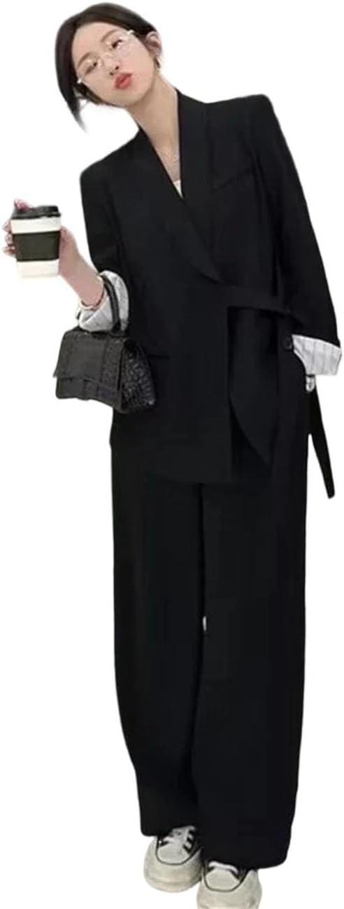 Women's Office Suit Set Casual Blazer Wide Leg Pants Two-Piece Long Sleeve Top Bottoms