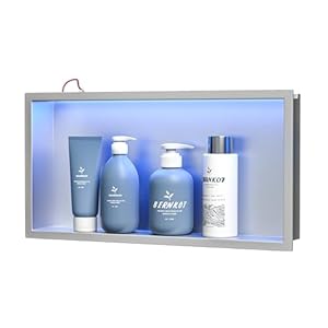 Stainless Steel Shower Niche 12″ X 24″ Brushed with RGB Light No Tile Needed Recessed Wall Niche Shower for Bathroom Storage Waterproof Dimmable Bathroom Shelf Over Mount Installation