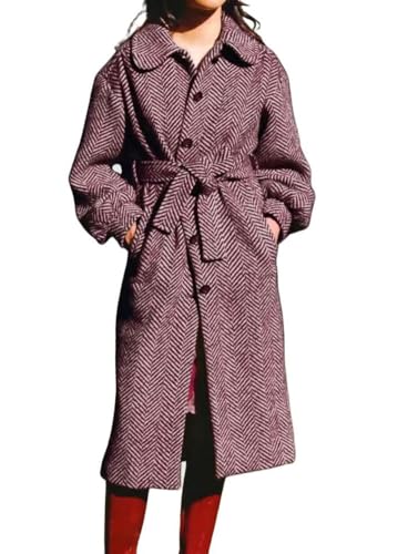 chouyatou Women's Winter Herringbone Single Breasted Wool Coat Long Lantern Sleeve Belted Midi Long Trench Coat