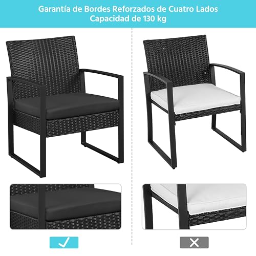 Yaheetech Conjunto de Mesa y Sillas de Jardín para Exterior Juego de Muebles de Jardin 2 Sillas Ratán con Cojines y Mesa Terraza con Tablero Vidrio de Seguridad para Terraza Balcón Negro - imagen 5
