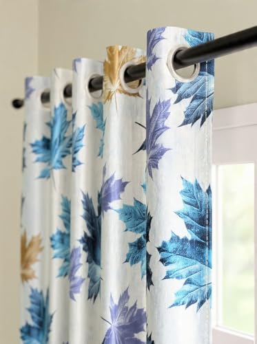 Image of HUTI 7 Feet Blue Door Curtain Set of 2 | Semi Transparent Leaf Printed Curtain | Light Filtering Polyester | Eyelet Curtains for Living Room & Bedroom 4x7 ft (120 x 213 cm) | Perfect for Home Decor