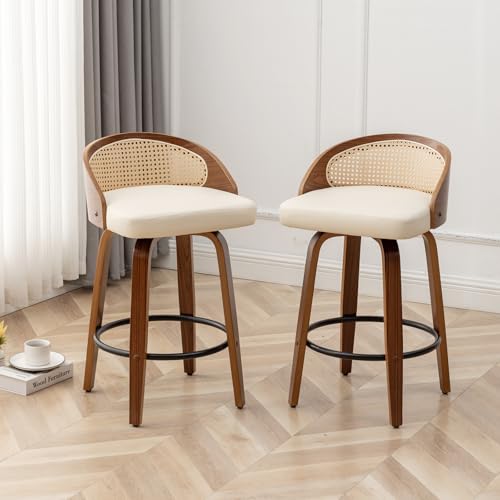 Image of 24.8 inch Swivel Rattan Bar Stools,Mid-Century Modern Beige Leather Upholstered Counter Height Stools,Kitchen Island Barstools with Rattan Low Backrest,Walnut Wood Finish Bar Chair,1PCS