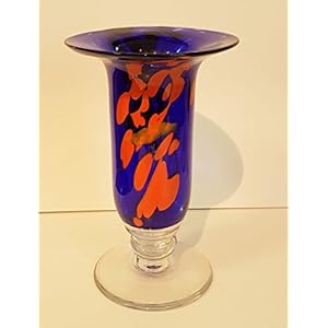 Blauwe oranje vaas met voet tulpenvaas gekleurd glazen vaas met grote opening blauw oranje gemarmerd decoratief kristalglas bloemenvaas aan de voet mondgeblazen hoogte ca. 25 cm Oberstdorfer Glashütte