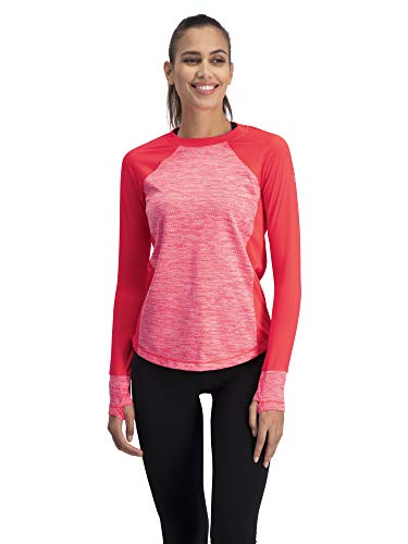 Long Sleeve Compression Workout Tops for Women - Thermal Running Shirt, Dry Fit w/Thumbholes Bright Coral
