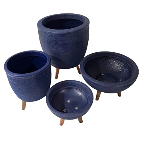 Kit 4 Vasos Para Plantas E Decoração Com Tripé De Madeira Cor: Azul